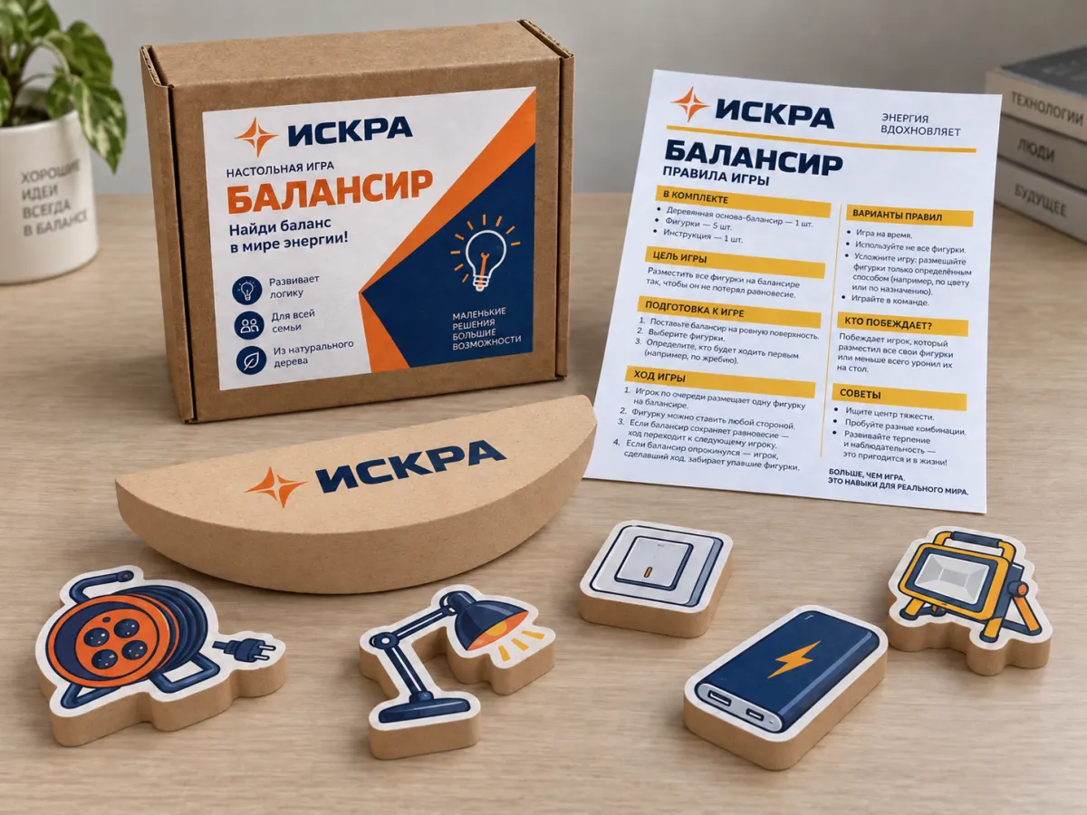 Концепт комплекта «Искра»: деревянные фигуры, основание, коробка и отдельная инструкция