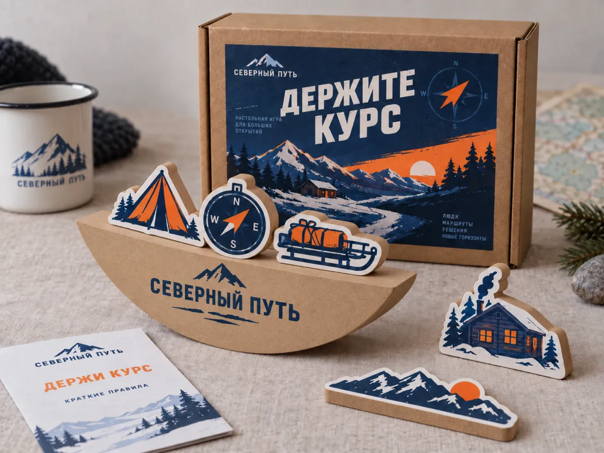 Концепт игры «Северный путь»: название «Держите курс» на коробке и набор с походными образами