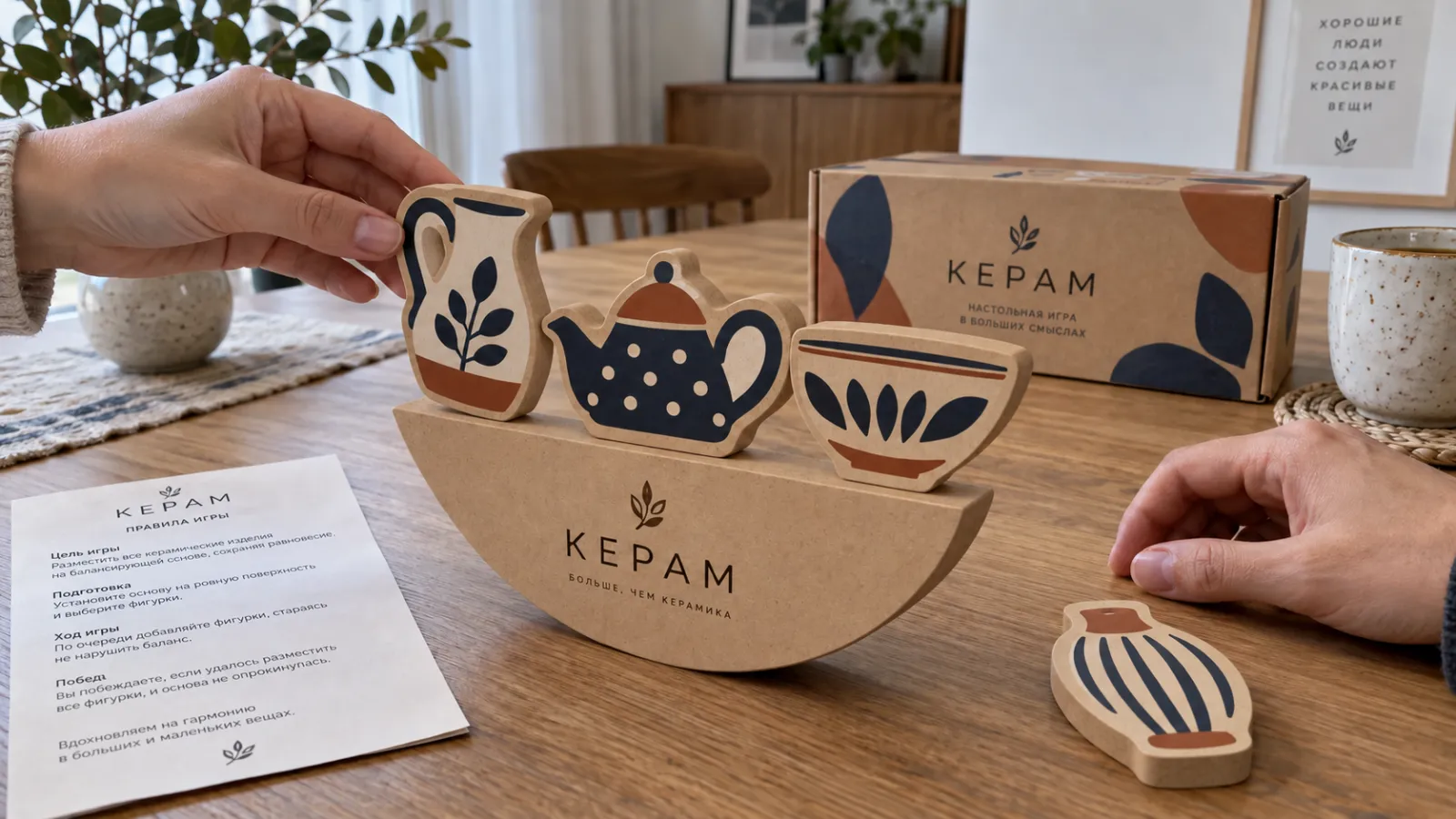 Концепт игры «КЕРАМ»: руки устанавливают деревянную фигуру на балансир с фигурами керамических изделий