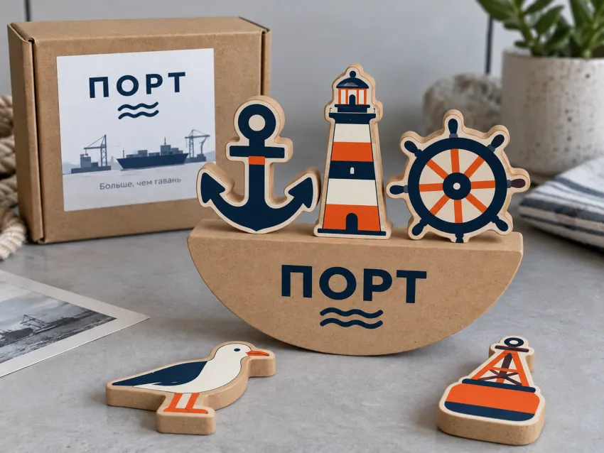 Концепт игры «Порт»: фирменные символы в виде деревянных игровых фигур