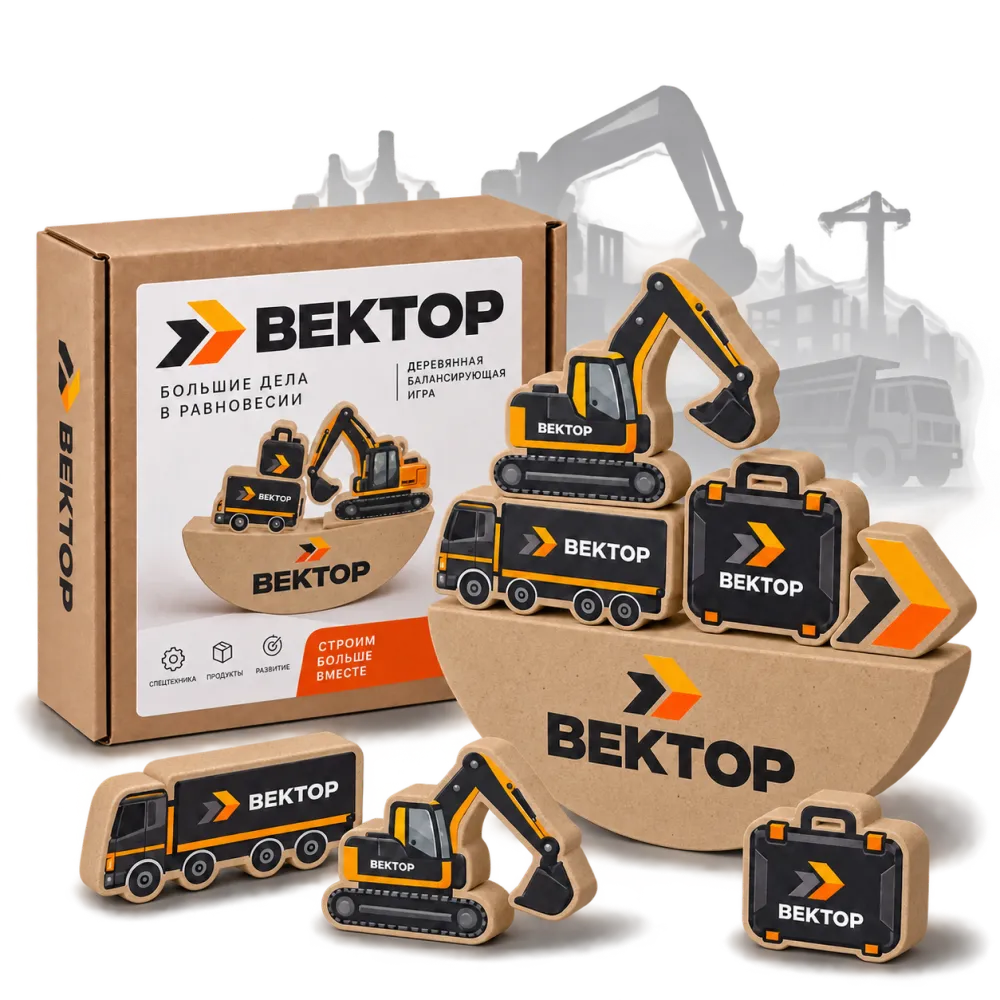 Концепт игры «Вектор»: фирменные фигуры техники, балансир и коробка на фоне силуэтов производства